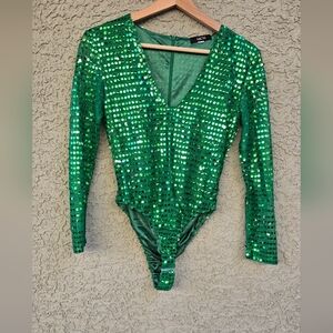 Micas Green Sequin Long Sleeve Bodysuit